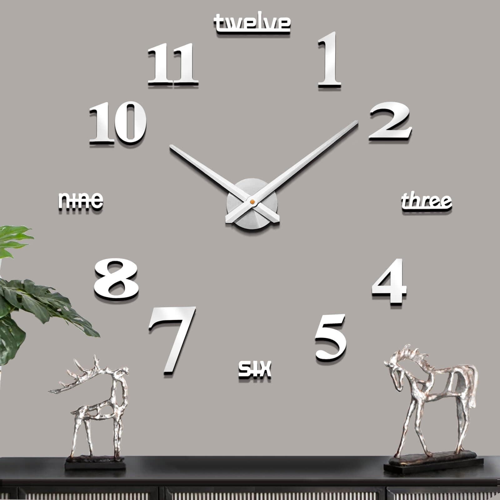 Frameless Large 3D DIY Wall Clock Mute Mirror Stickers Home Office School Decoration (Silver-14)