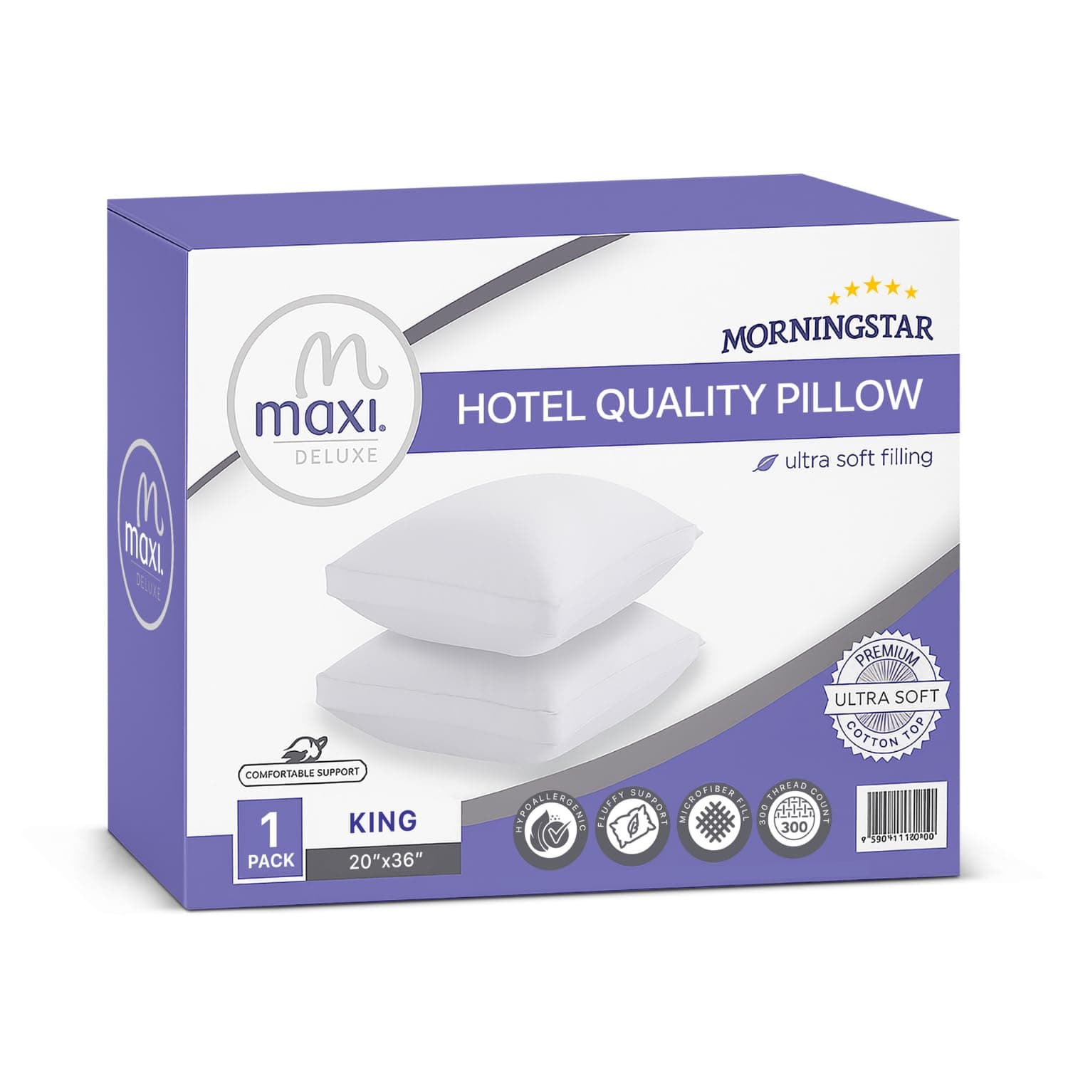 Maxi Deluxe King Size Bed Pillow – Ultra Soft & Comfortable – Versatile for Side, Back & Stomach Sleepers – 300TC Cotton Top – Single Pack – (King Size Pillow is 20 x 36)