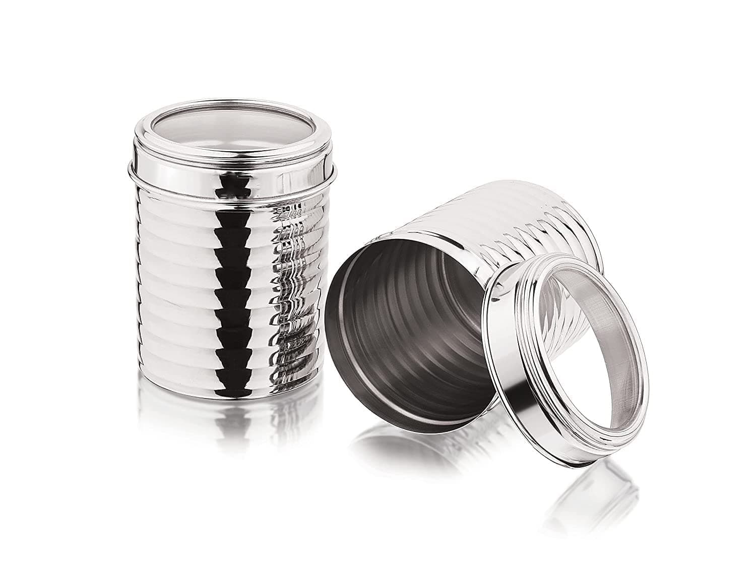 Heavy Stainless Steel Multipurpose Storage Container with Top See Through Lid Ribbed Design 750 Ml Set of 2