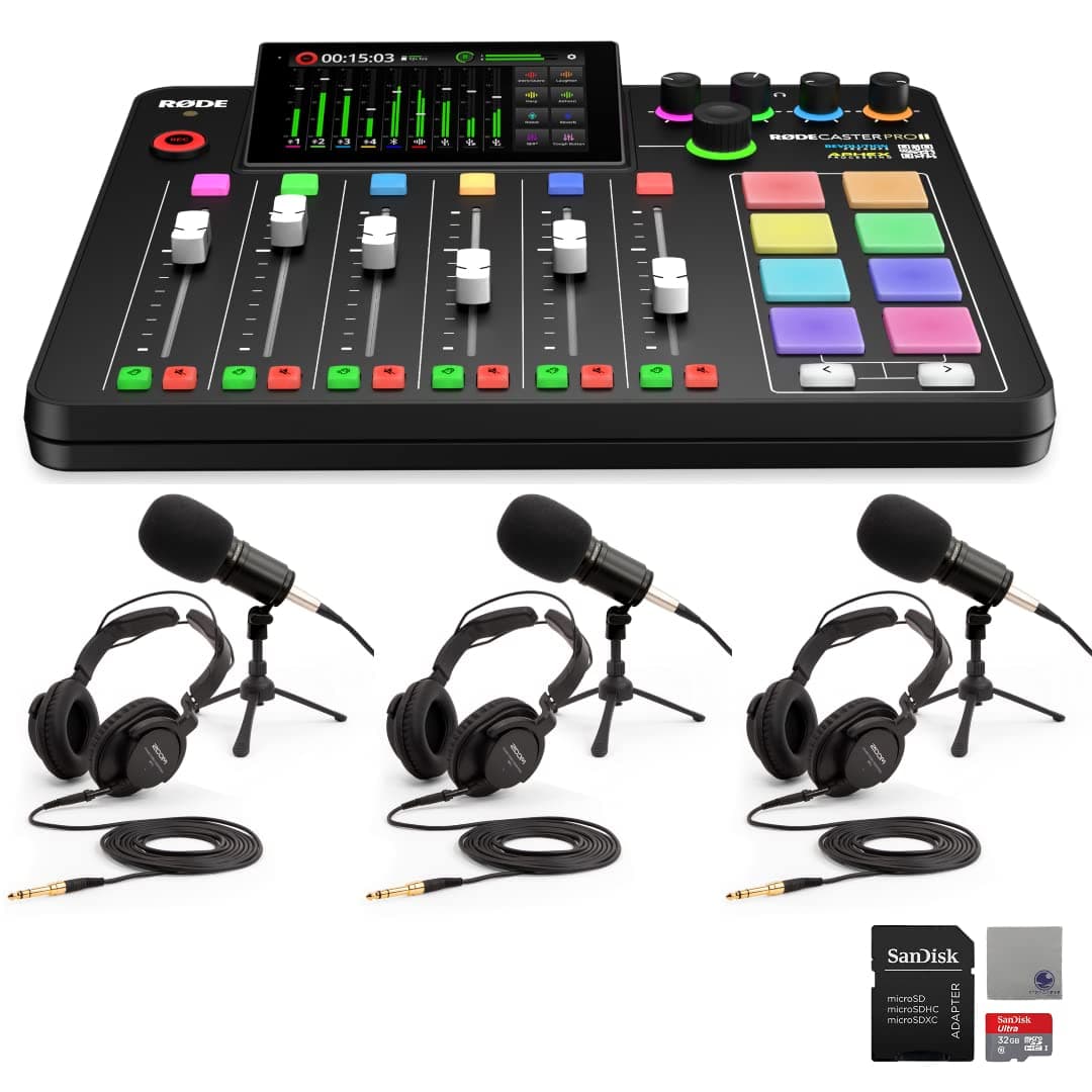 Rode RODECaster Pro II Audio Production Studio Bundle with 3x Zoom ZDM-1 Podcast Mic Packs, 32GB microSD Card and StreamEye Polishing Cloth