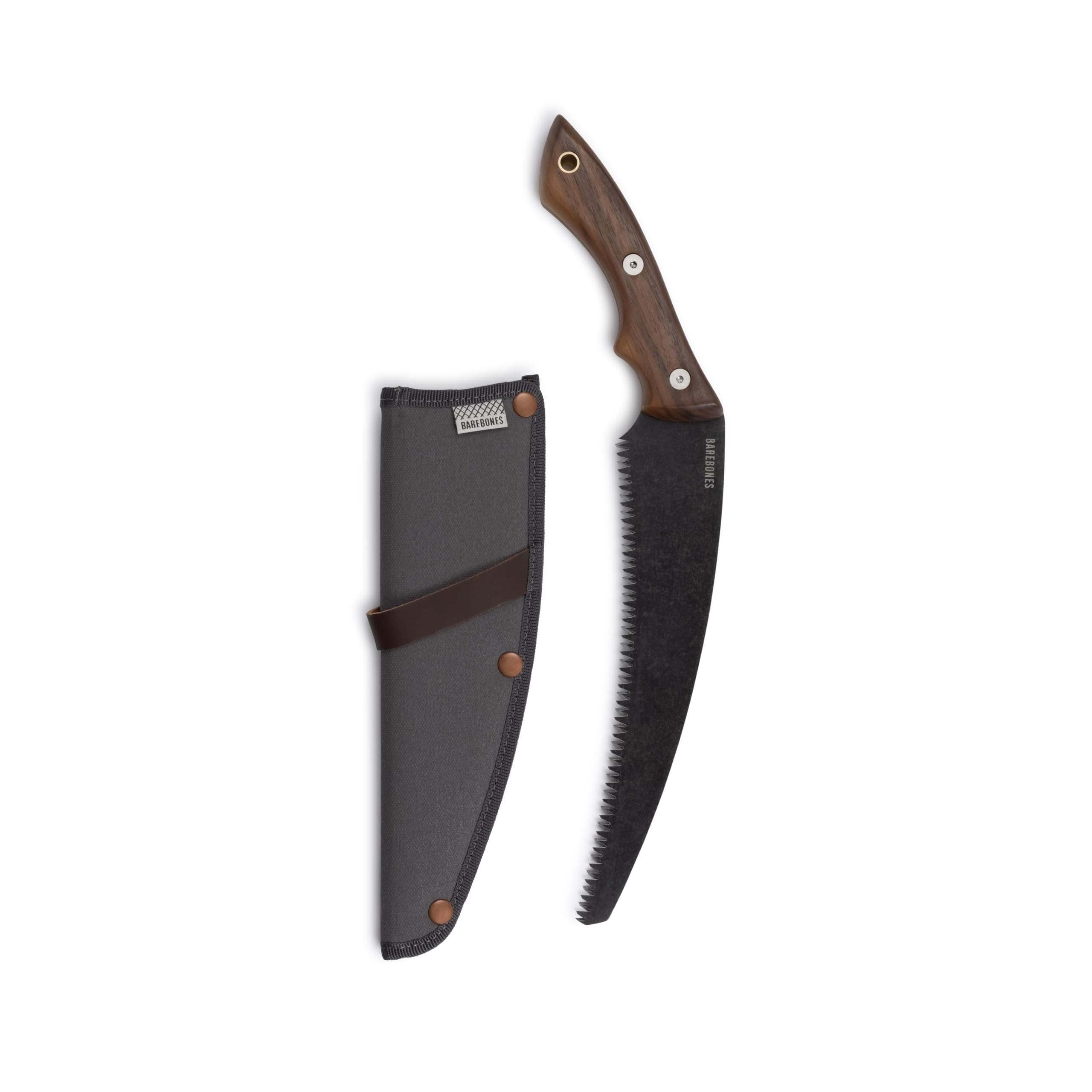 Barebones Timber Saw - Hand Saw with Ergonomic Walnut Handle for Camping, Pruning, and Wood Cutting - Curved Blade and Root Cutter with Sheath