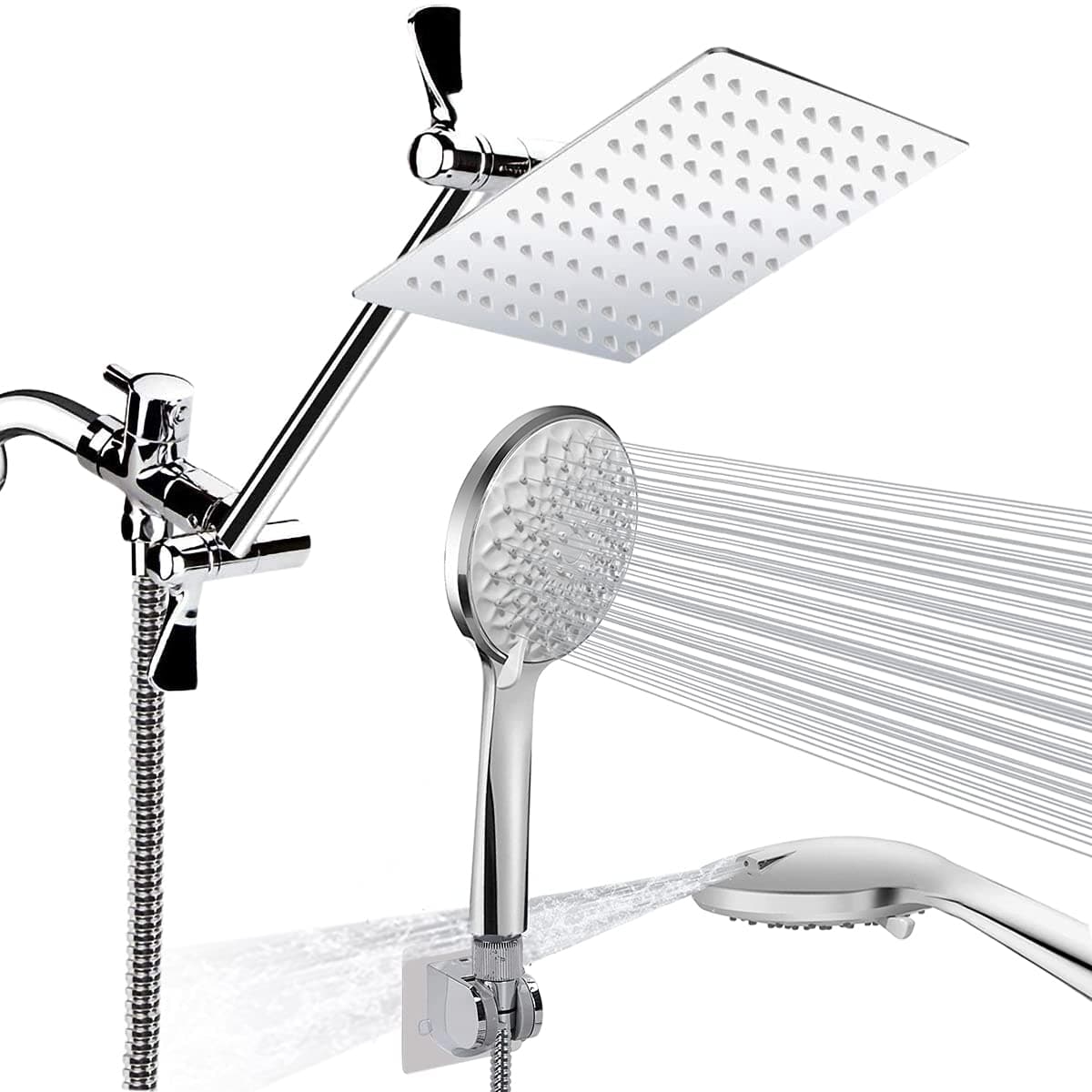 Shower Head combo, 8'' High Pressure Rainfall Shower Head with 6 Spray Settings Handheld Showerhead & 11” Extension Arm, CUMIZON Anti-leak Shower Head Combo with Holder/ Hose, Flow Regulator, Chrome