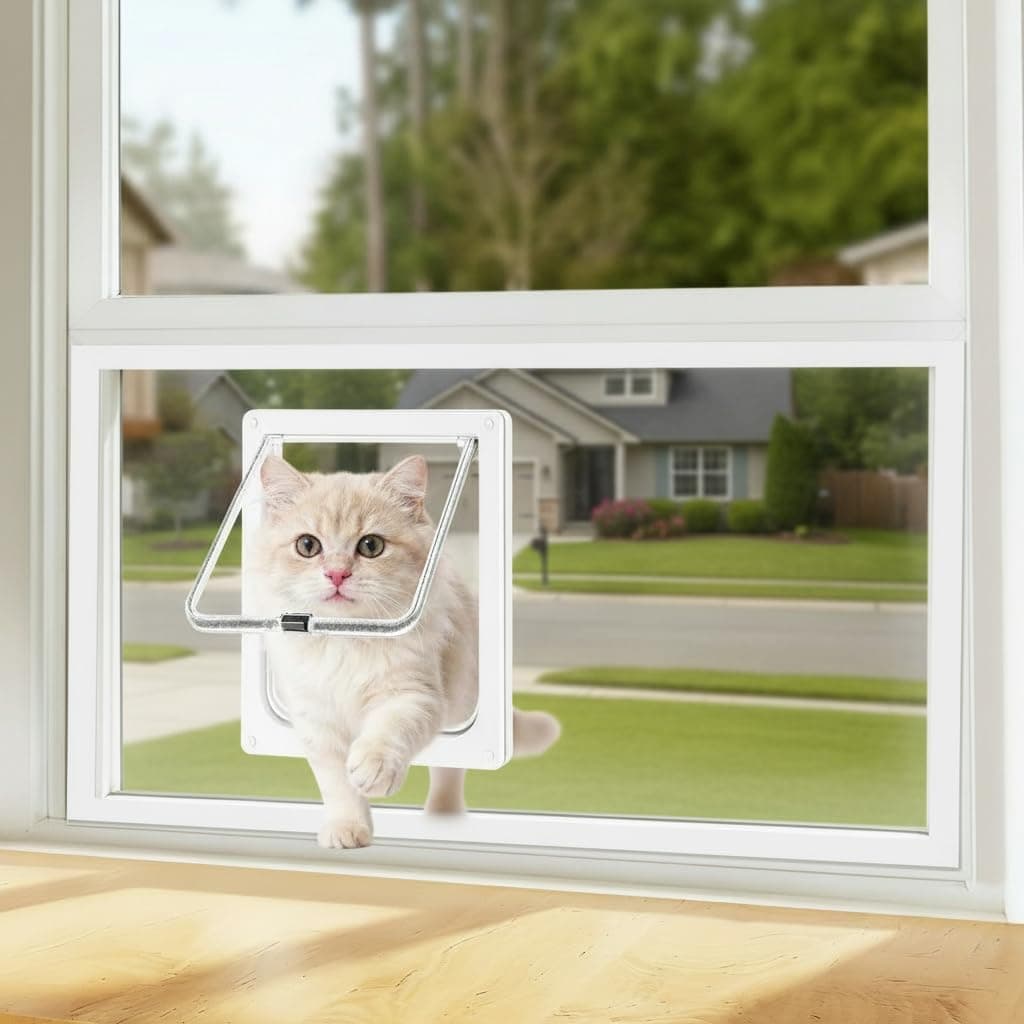 Cat Door for Window, 4 Locking Modes for Safety Cat Window Door, Fits 14"-24" Width Window, Durable Weatherproof design Cat Door, Magnetic Closure, Wider View, Pet Door With Safe & Comfortable for Cat