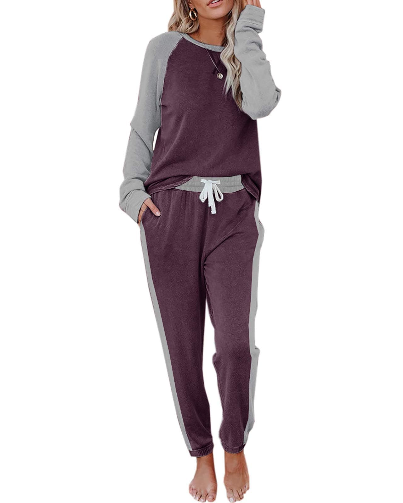 Women's Color Block Sweatsuit Set 2 Piece Long Sleeve Pullover and Drawstring Sweatpants Sport Outfits Sets