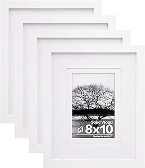 Egofine 8x10 Picture Frames Set of 4, Made of Solid Wood Covered by Plexiglass 4x6 and 5x7 with Mat or 8x10 without Mat, for Table Top Display and Wall Mounting Photo Frame White