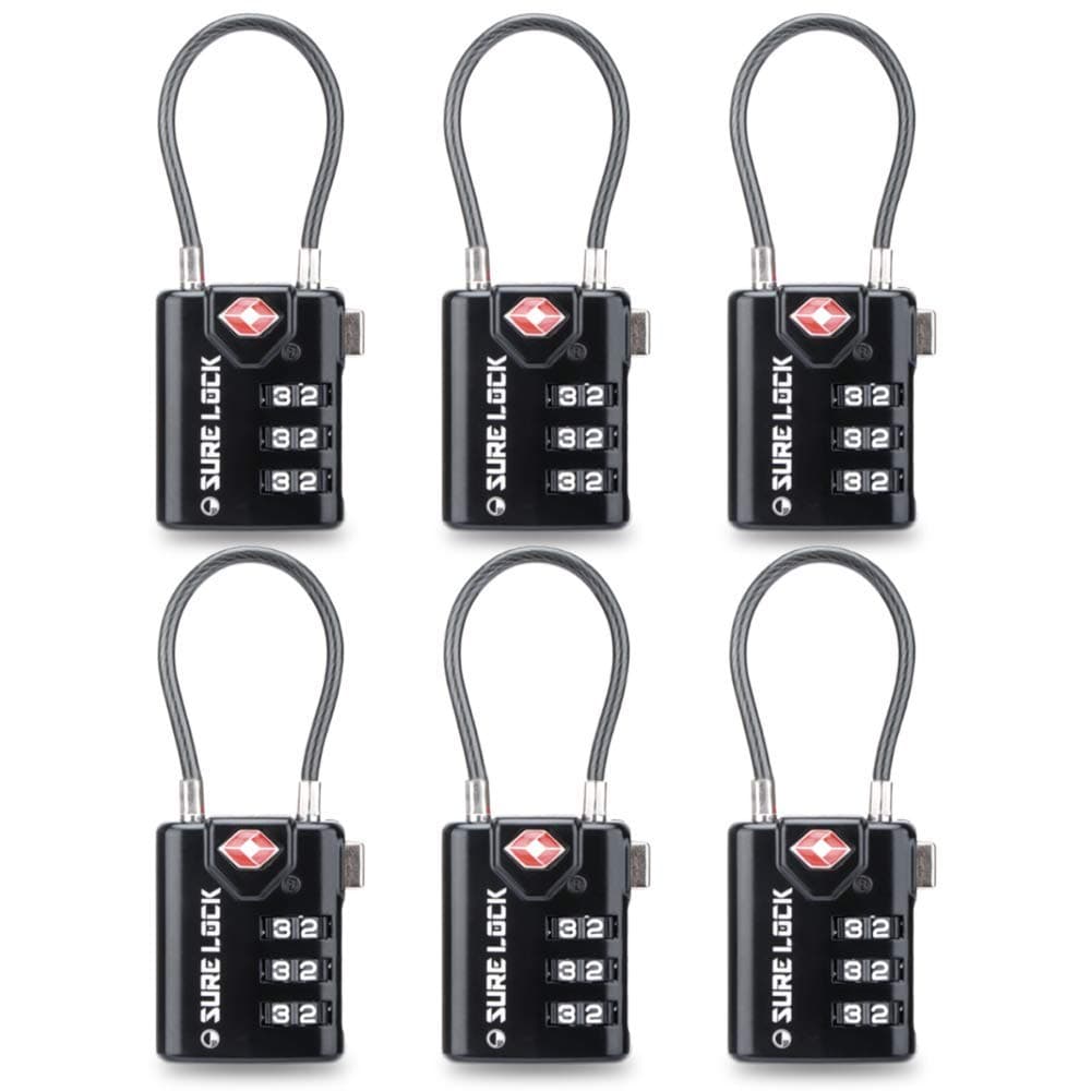 SURE LOCK TSA Approved Combination Luggage Locks with Open Alert Indicator – Durable Zinc Alloy Cable Travel Locks with Large Easy-Read Dials for Suitcases, Backpacks & Gym Bags(Black 6 Pack