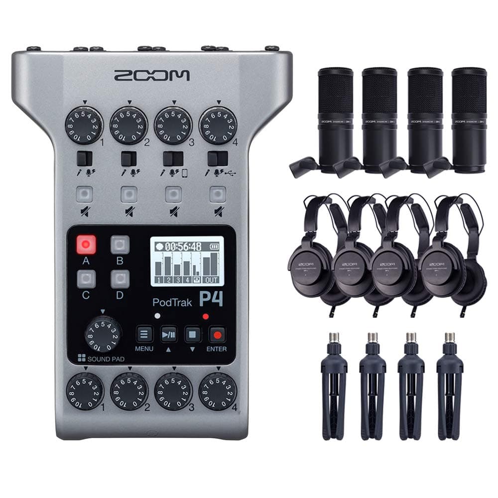 PodTrak P4 Portable Multitrack Podcast Recorder Bundle with 4X Zoom ZDM-1 Podcast Pack