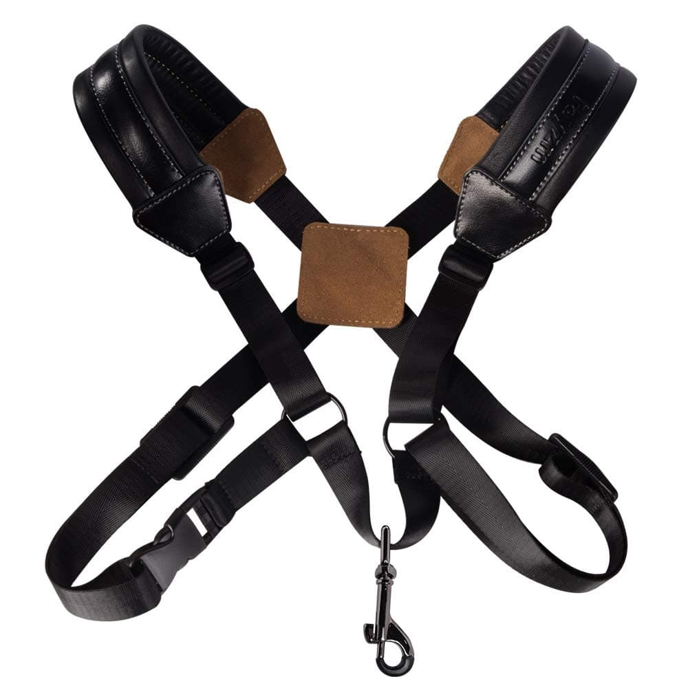 Rayzm Saxophone Strap, Universal Double Shoulder Leather Strap for Sax, Adjustable Padded Harness Strap for Alto Tenor Baritone Saxophone (Large Size)