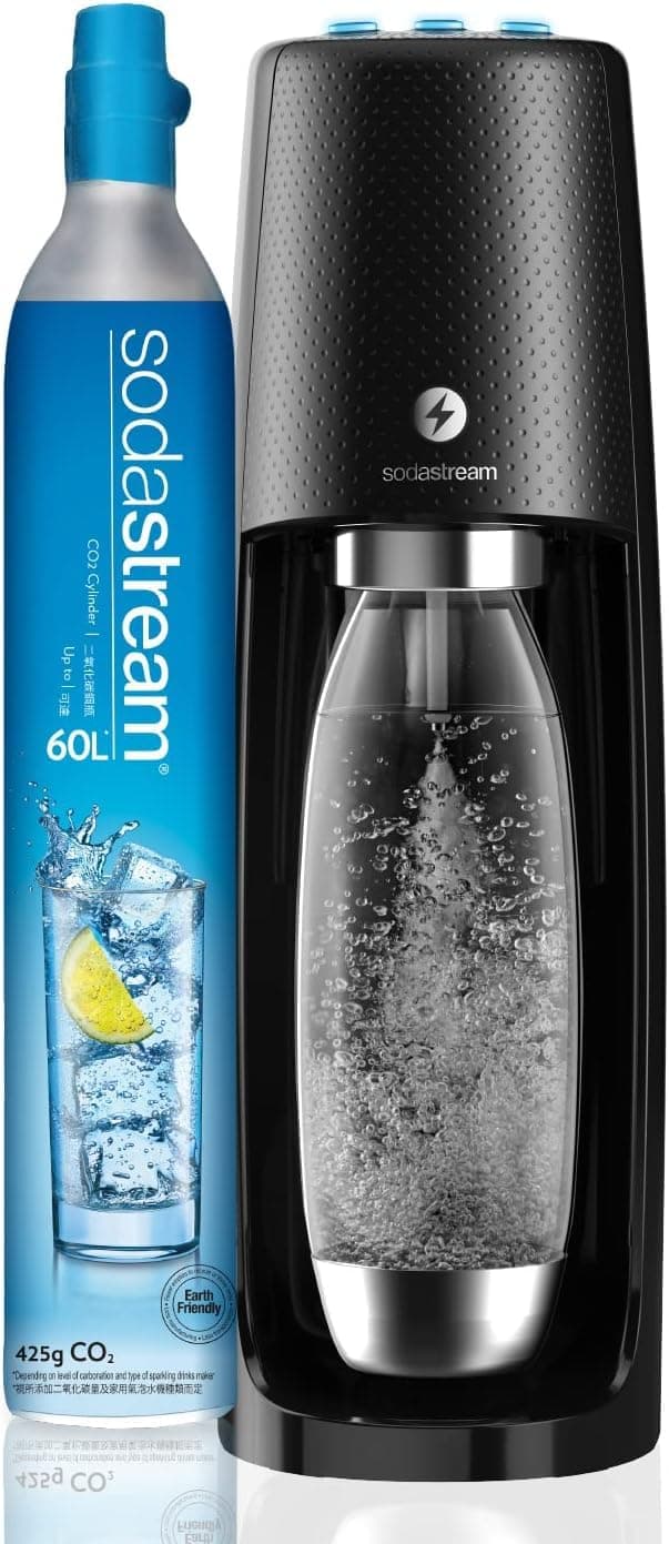 SodaStream Spirit One Touch Electric Sparkling Water Maker Machine includes a 1 Litre Reusable BPA Free Water Bottle for Carbonating and 60 L CO2 Gas Cylinder - Black, 43 cm