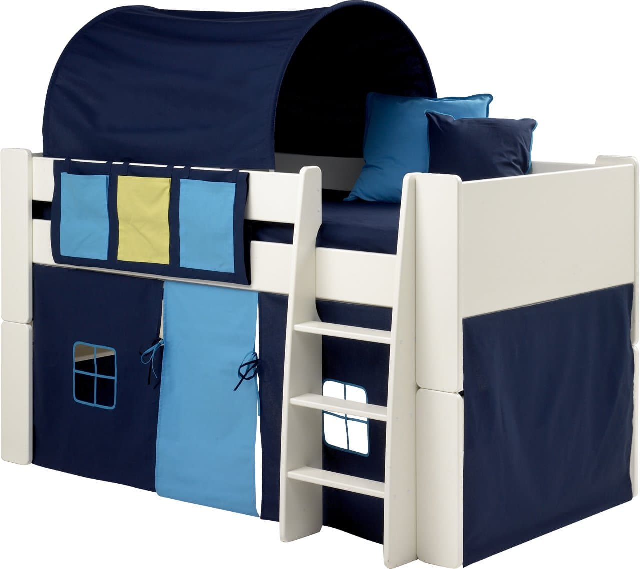 Boys Bunk Bed, Kids White Mid Sleeper Bed, Cabin Bed, with Blue Tent Tunnel & Pocket