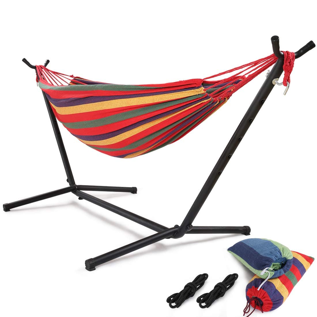 HONGJUN Double Hammock with Steel Stand - Space Saving 2 Person Adjustable and Portable Stand Hammocks,450 Pounds Capacity(Red Stripe)