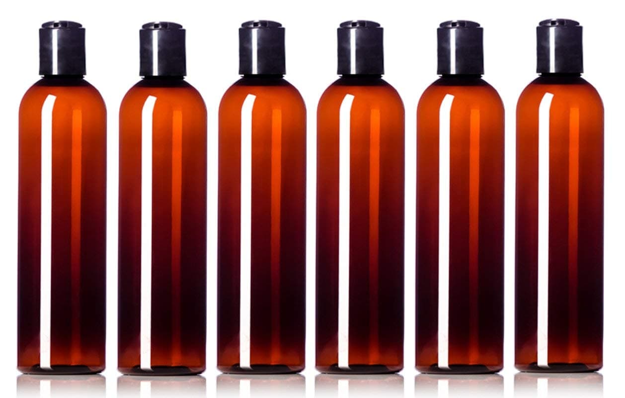 Amber 8 Oz Empty Plastic Squeeze Bottles PET BPA-Free with Black Disc Flip Top Caps , Pack of 6