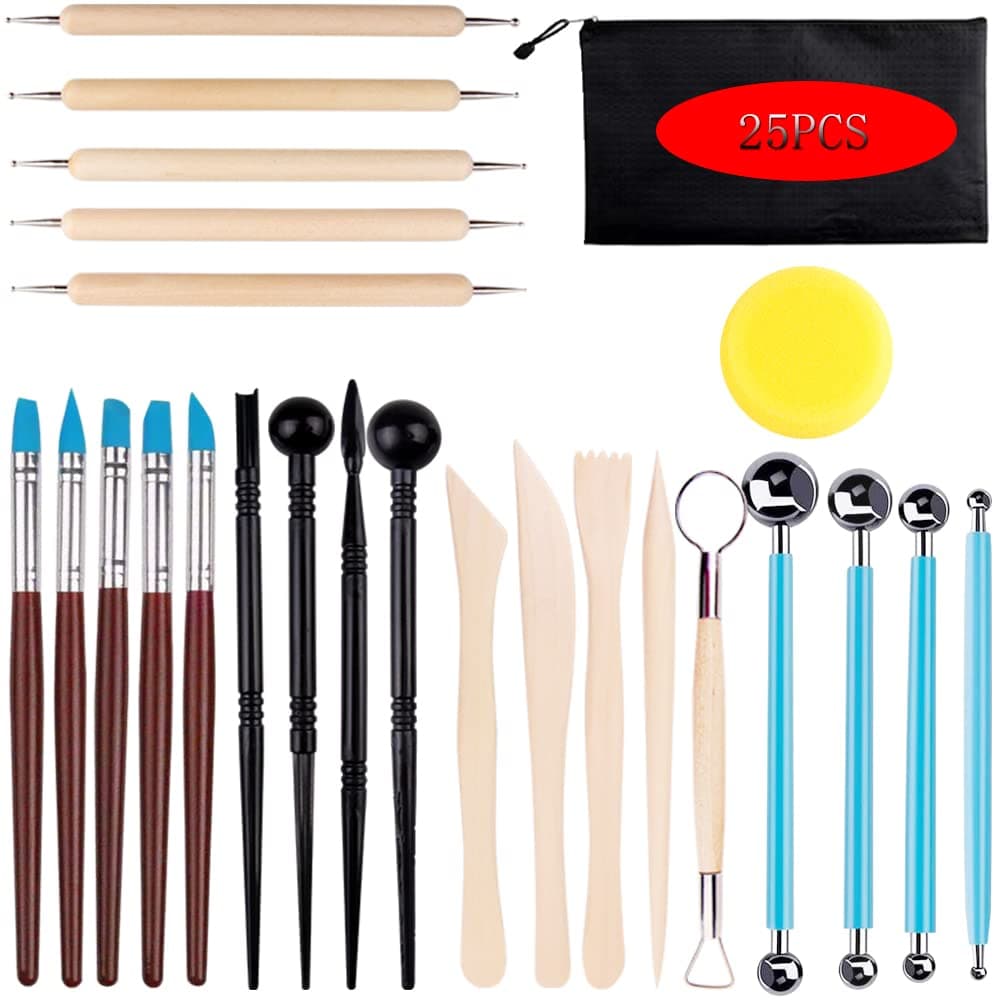 Clay Tools for Pottery Ceramic Sculpting, Yagugu 25Pcs Basic Wood Ceramics Carving Polymer Clay Tool Supplies kit Accessories for Kids, Adults and Artists Modeling Shaping Building for Art&Craft