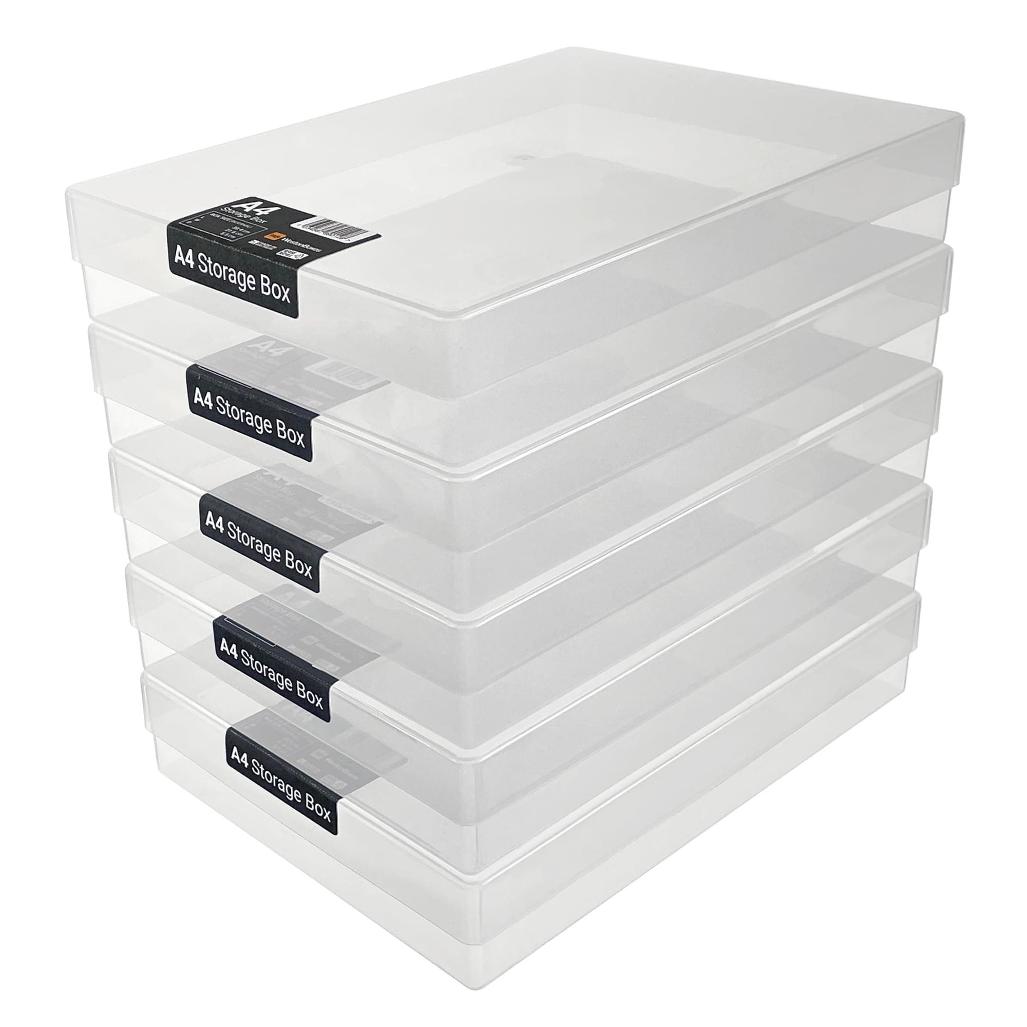 WestonBoxes A4 Plastic Craft Storage Boxes with Lids for Art Supplies, Paper and Card - 3.6 Litre Volume (Clear, Pack of 5)