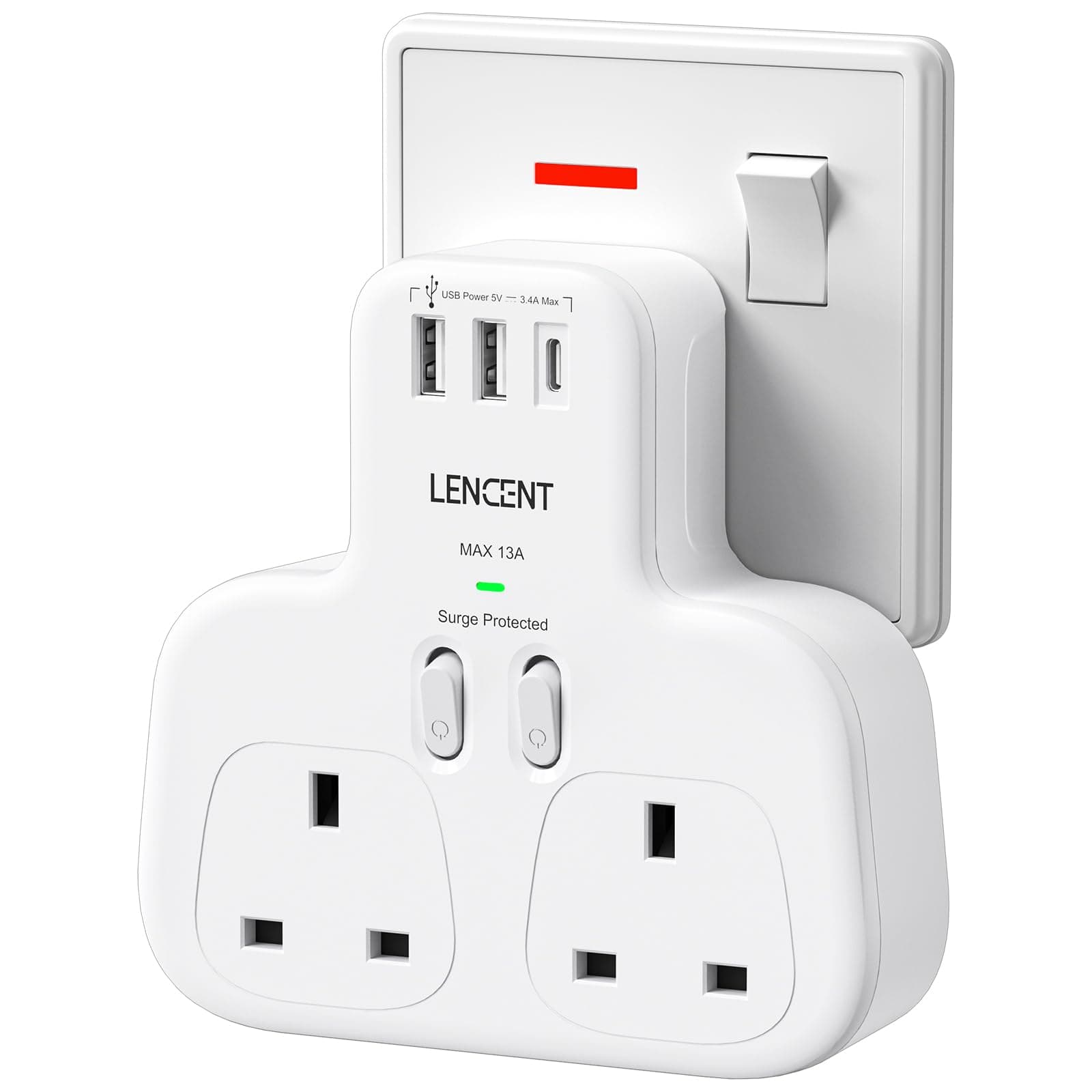 LENCENT Double Plug Adaptor with 1 USB C and 2 USB Ports, 2 Way Wall Plug Extender, Multi Socket Extension Surge Protected for Household Appliances, iPhone, Smartphones, Tablets, 13A 3250W