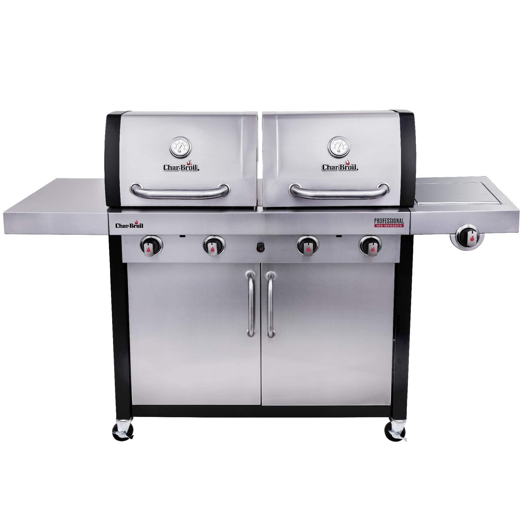 Char-Broil Professional Series 4600 S Double Header - 4 Burner Gas Barbecue Grill with TRU-Infrared Technology and Side-Burner, Stainless Steel Finish.