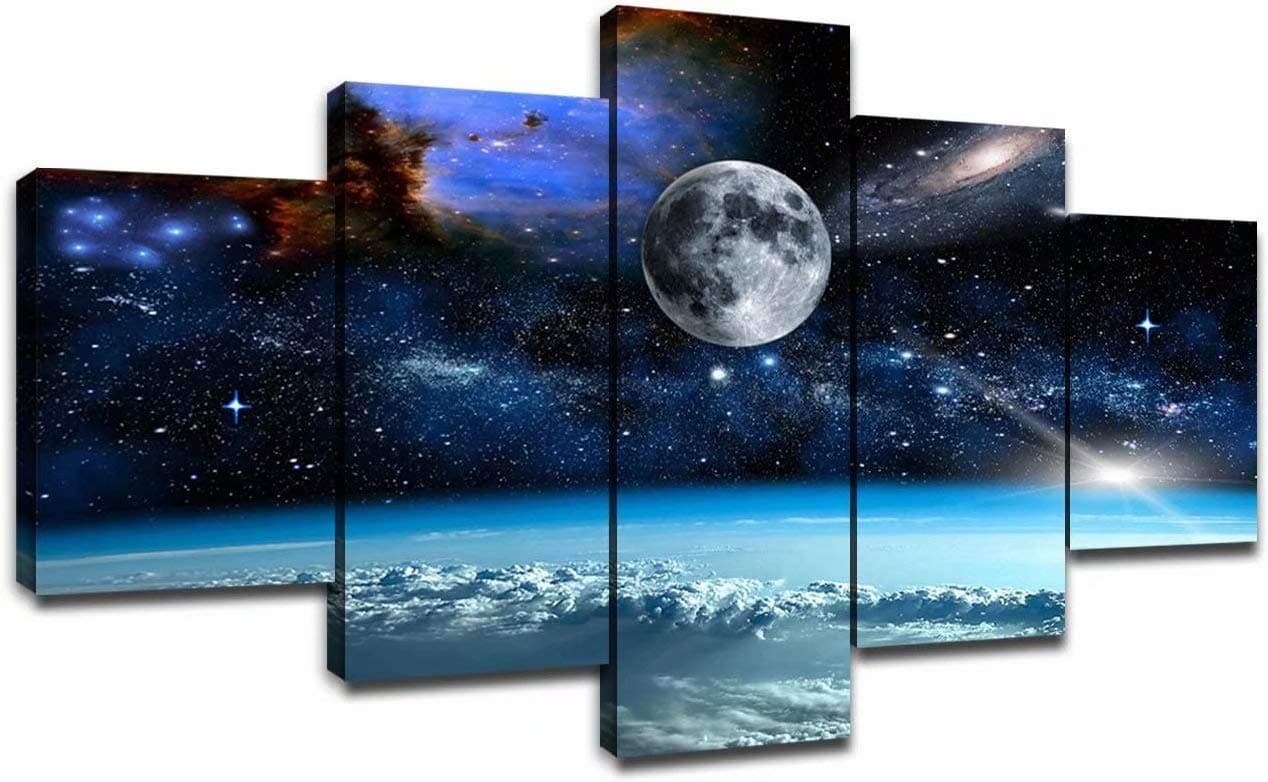 5 Pieces Canvas Art Outer Space Universe Planet Earth Galaxy Stars Pictures Wall Decor Living Room Office Bedroom Bathroom Decoration Artwork Frame Poster Painting Ready to Hang(60 x 32 inches)