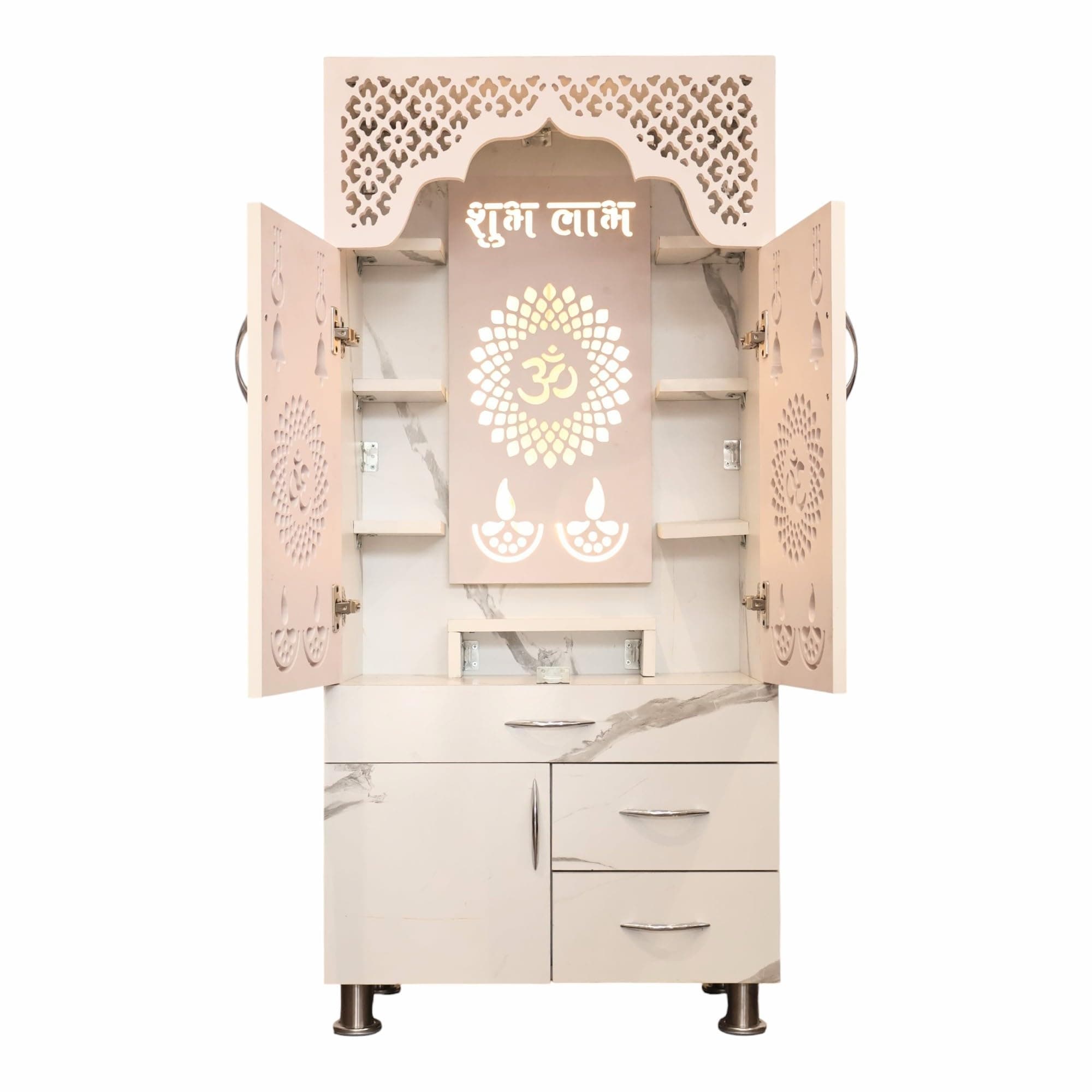 SHLOK Home Temple with Doors and Inbuilt LED Light Engineered Wood (Height: 130, Pre-Assembled)