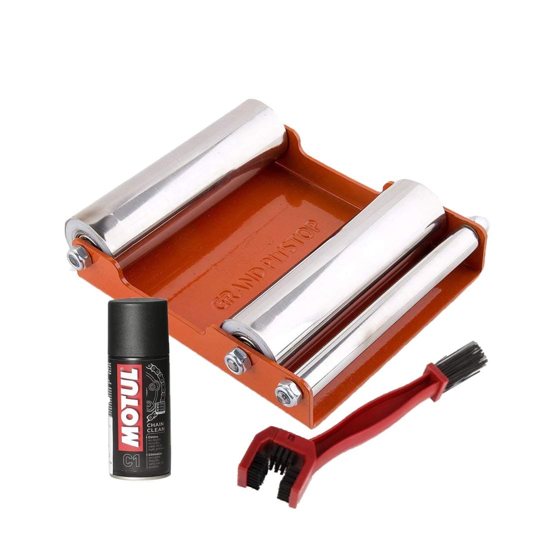 Motul C1 Chain Clean (150 ml) with Grand Pitstop Paddock Stand Groller Medium and Bike Chain Cleaning Brush Red