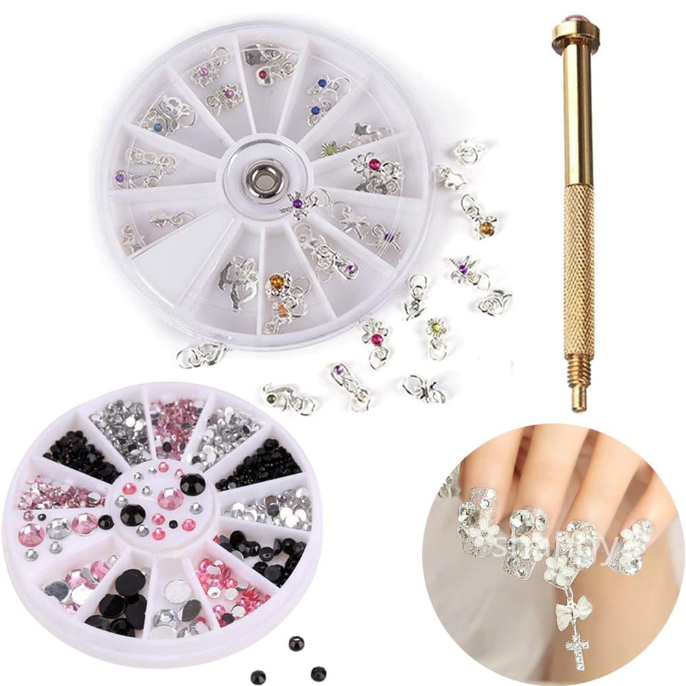 AiQueen 1 Set Dangle Nail Charm Art Piercing Tool Hand Drill Beaded Rings Nail Piercing Tool Rhinestone Nail Art Tips Gems