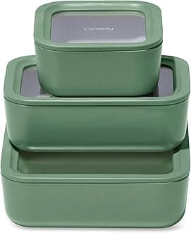 Glass Food Storage Trio – 10 Cup, 6.6 Cup, & 4.4 Cup Food Containers - Ceramic Coated - Non Toxic Non Stick Lunch Box Container with Glass Lids. Dishwasher, Oven, & Microwave Safe - Sage