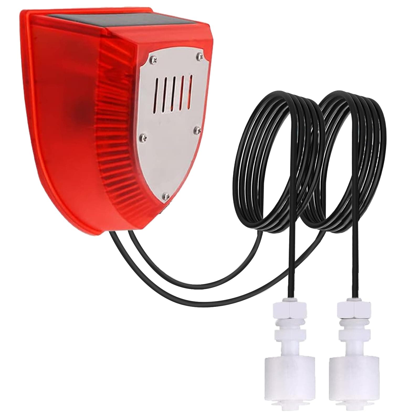 Solar Water Level Sensor, High/Low Water Level Alarm with Dual Probe, 129 dB Red Strobe Siren with Adjustable Volume, Bobber Water Detector, 16.4ft Detect Cord, IP55 Waterproof for Indoor /Outdoor