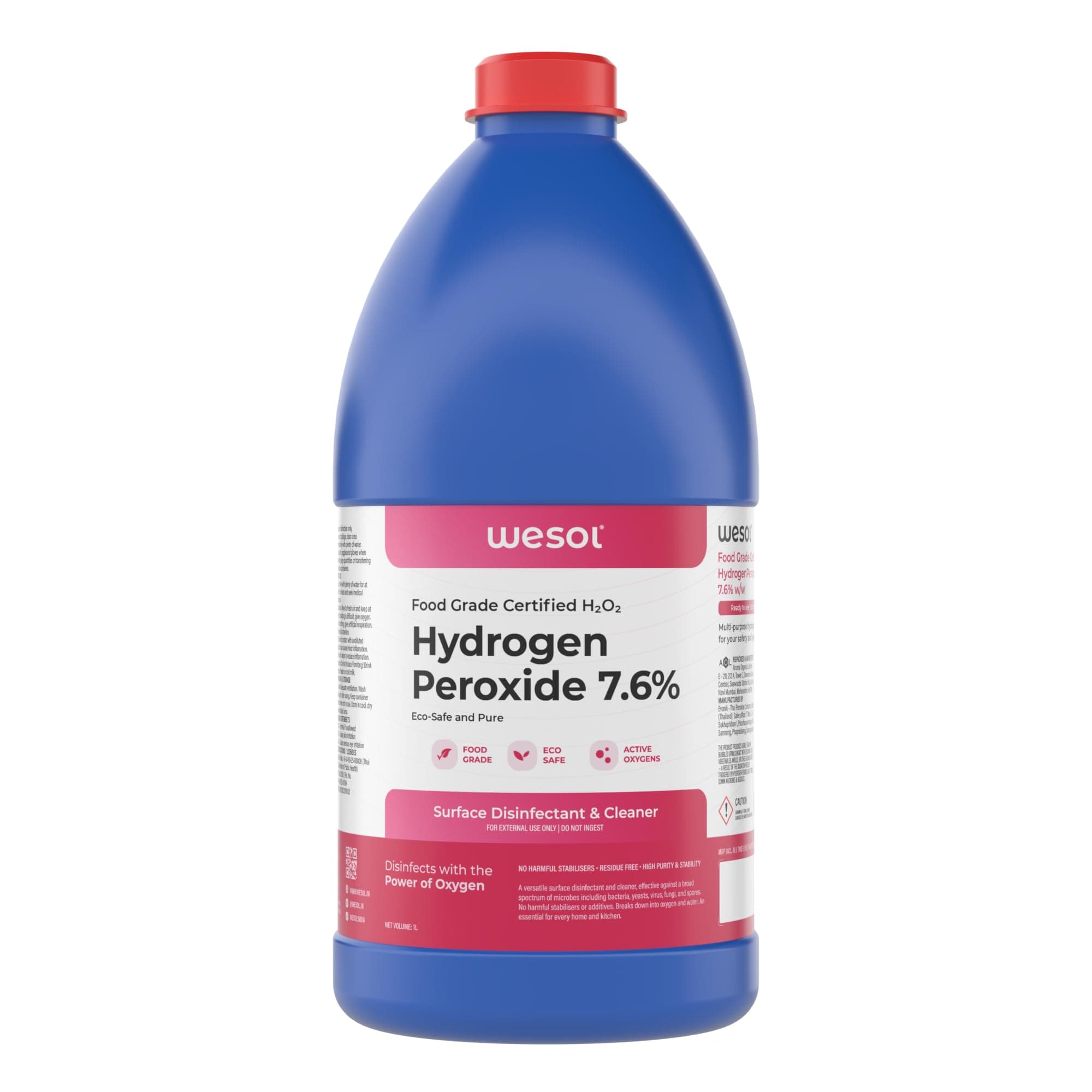 Hydrogen Peroxide 7.6% w/w Food Grade Multipurpose Disinfectant Solution - 1 Litre Pack | Best For Cleaning, disinfection. sterilization | Farming, Gardening, Hydroponics, Food production