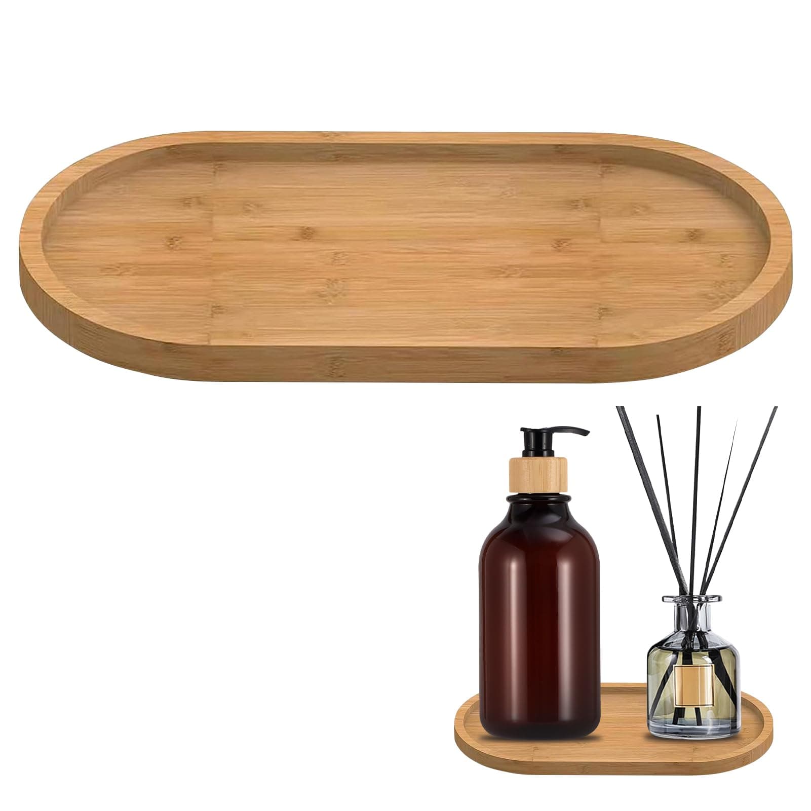Bamboo Oval Soap Tray & Dispenser, Multi-Functional Countertop Organizer, Bathroom & Kitchen Holder, Jewelry Ring Dish, Tea & Fruit Snack Tray, Waterproof & Easy to Clean
