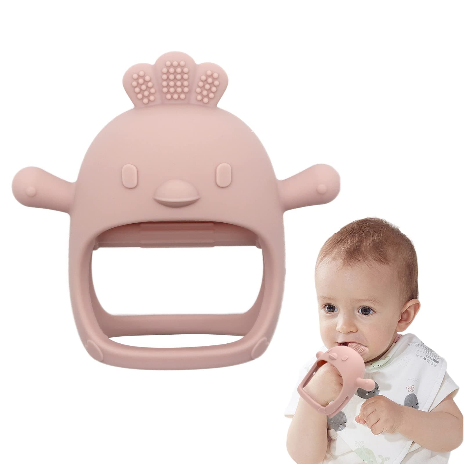 Chick Shape Baby Teething Toys, Never Drop Hand Wrist Teether, Baby Chew Toys for Sucking Needs, Food-Grade Silicone Baby Mitten Teether for Soothing Teething Pain Relief, Easy to Grip(Light Pink)
