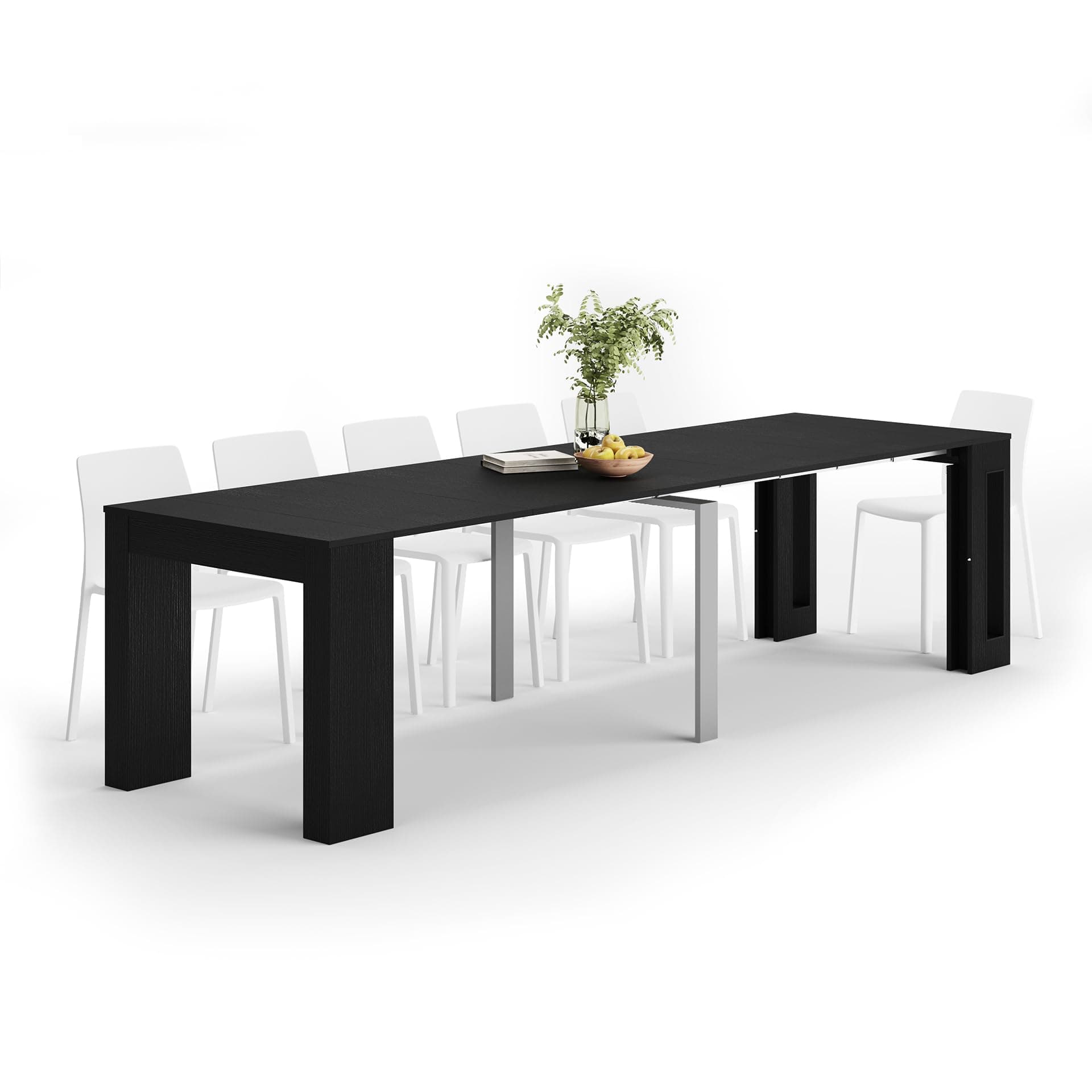 Mobili Fiver, Easy, Extendable Console Table with extension leaves holder, 45(305) x 90 cm, Black, Made In Italy