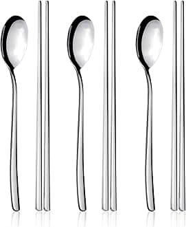 IQCWOOD Stainless Steel Spoons and Chopsticks Set, Korean Flat Chopsticks and Spoons tableware with long-hand, Reusable Chop Sticks Dishwasher Safe for Home, Kitchen or Restaurant, Set of 3