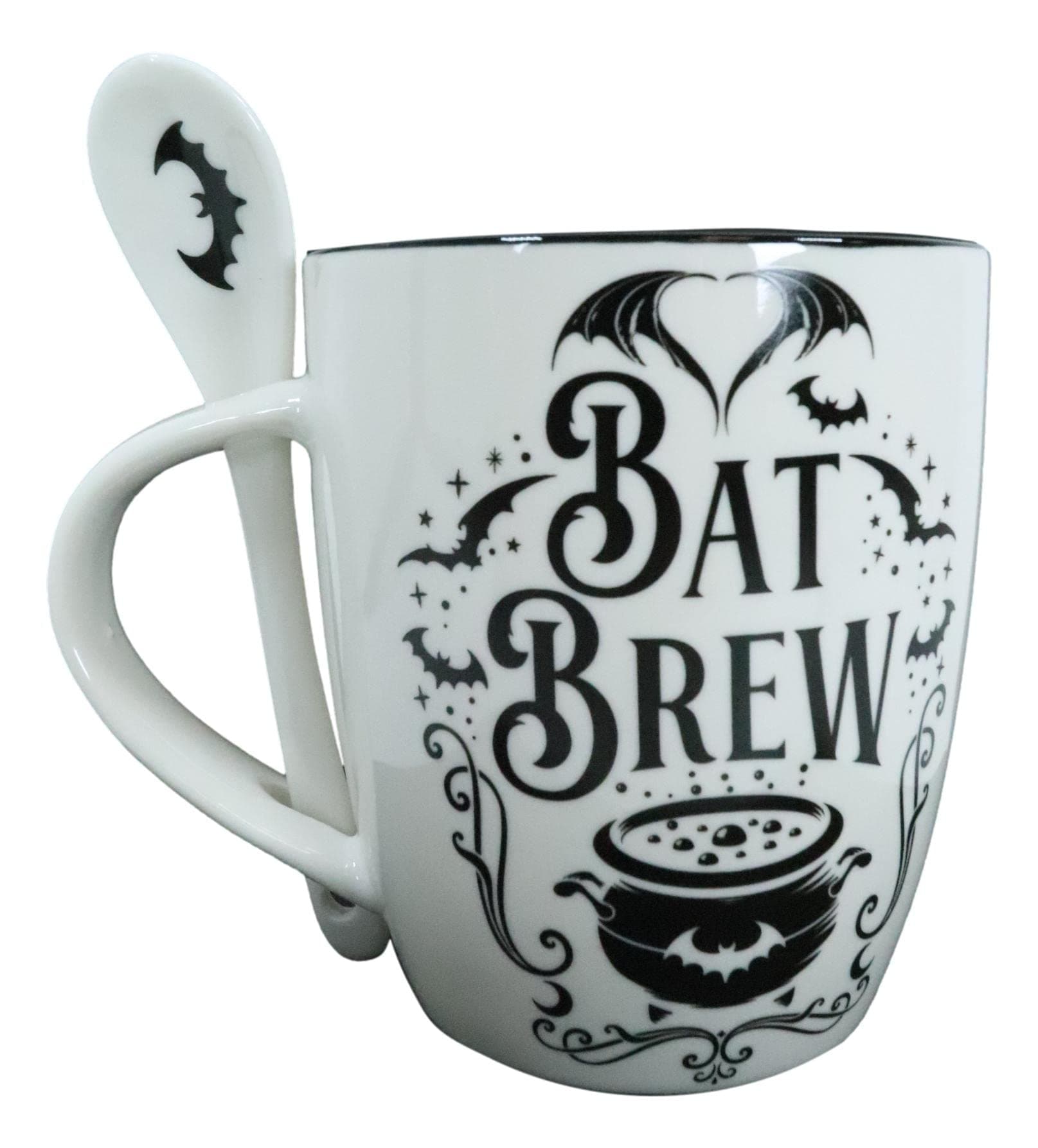 Ebros Gift Wicca Gothic Alchemy Bat Brew Magical Cauldron Dark Spells Porcelain Mug and Spoon Set with Built in Spoon Rest Handle 13oz Coffee Tea Drink Cup Mugs