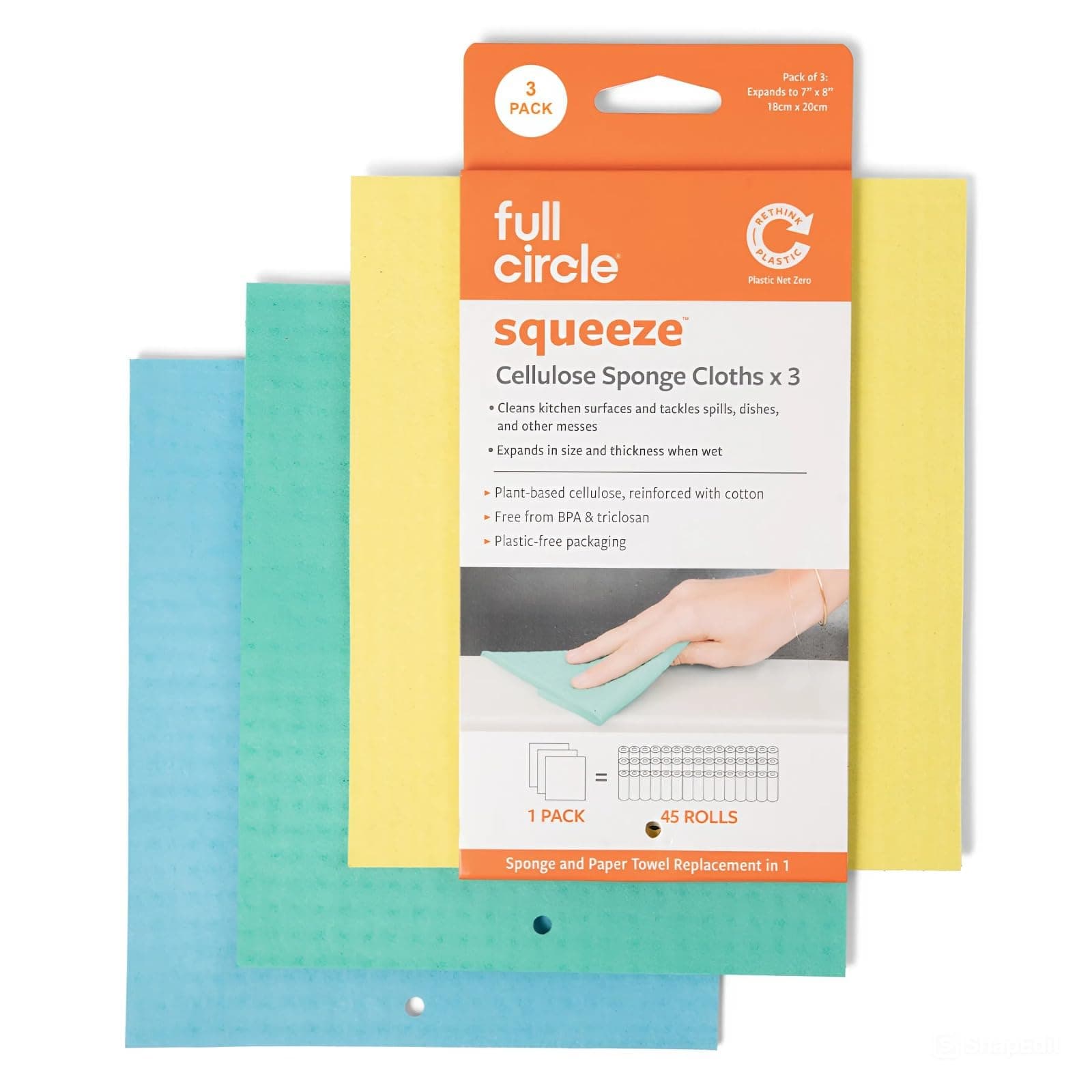Squeeze - Cellulose Sponge Cloths, Super Absorbent Dishtowels, Reuseable Paper Towel Alternative, 100% Natural Plant-Based, 3-Pack, Multicolor
