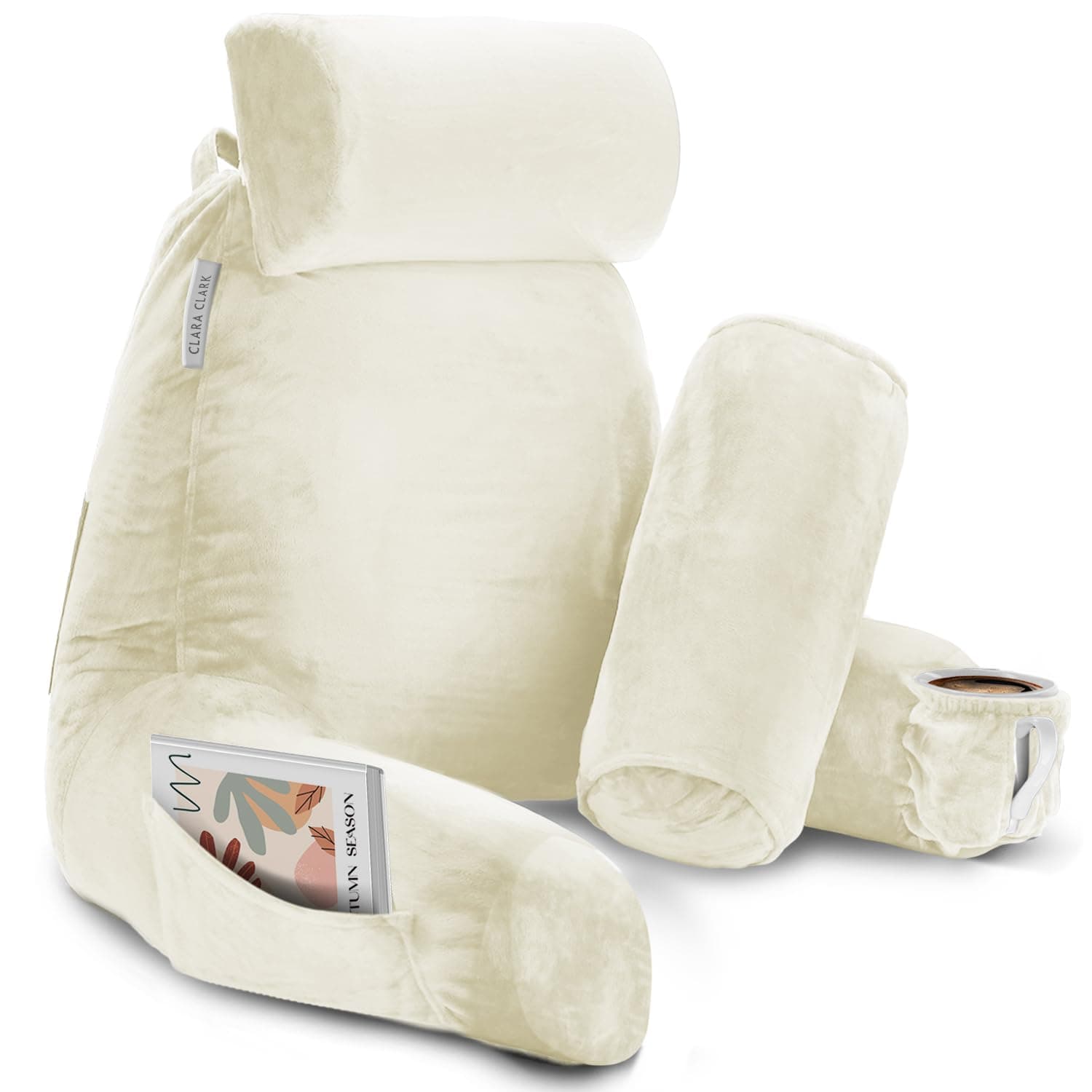 Clara Clark Reading Pillow with Shredded Memory Foam Includes 2 Neck and Lumber Support Pillows, Designed for Sitting Up in Bed and Couch, Back and Arms Adjustable Support for Adults & Teens Off White