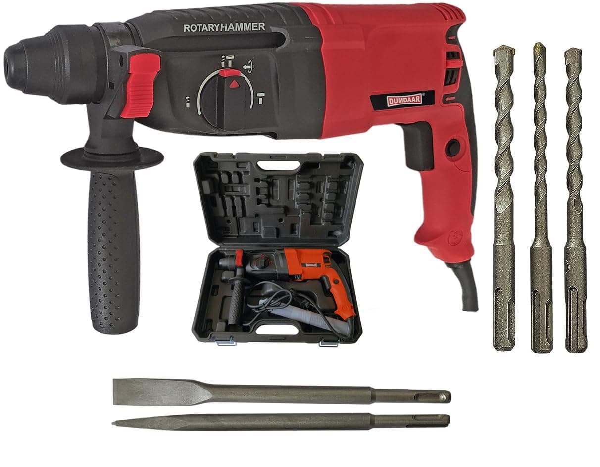 DUMDAAR DM26 1250W 26mm hammer drill with SDS drill bits and chisels (RED) 100% Copper Winding