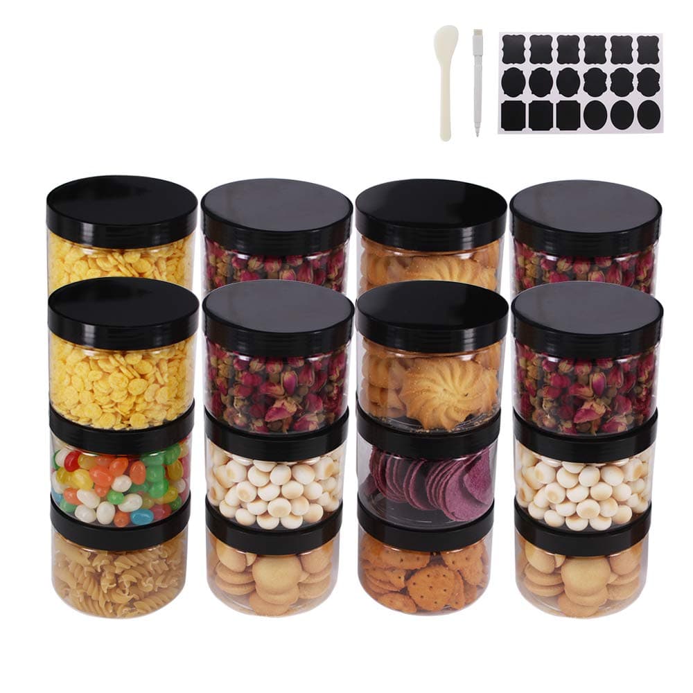 ZMYBCPACK24 Pack 8 OZ Round Clear Plastic Jars With Lids, A Spatula, A Pen & Labels - BPA Free PET Container for Cosmetics, Cream, Bathroom, Kitchen, Gifts & Travel Plastic Slime Storage Jars