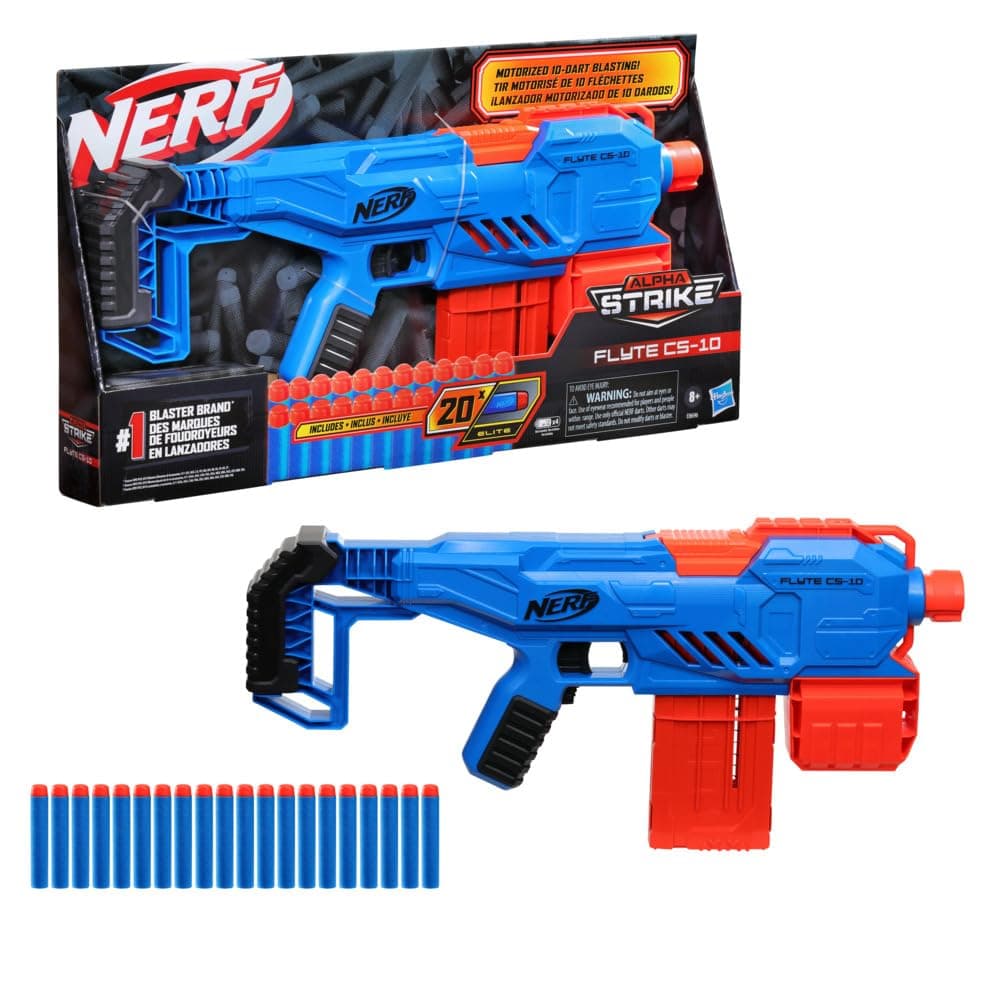 Nerf Alpha Strike Flyte CS-10 Motorised Blaster – 10-Dart Clip-Fed Blasting – 20 Official Nerf Elite Darts – for Kids, Teens, Adults, Multicolor (E8696)