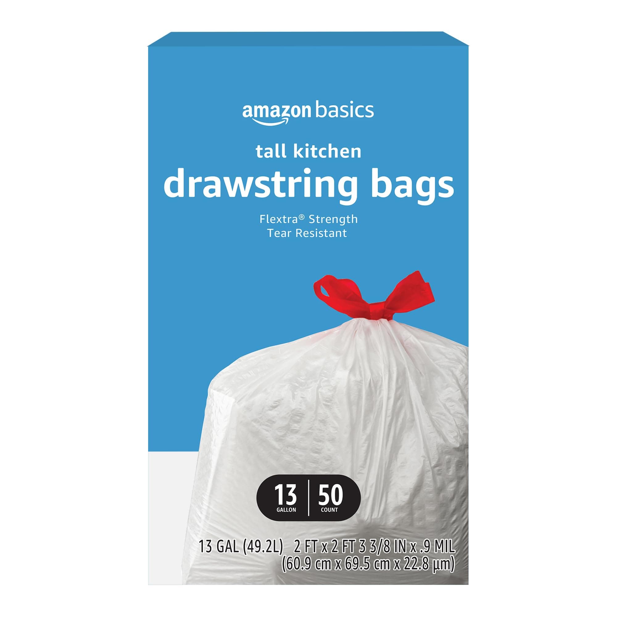 Flextra Tall Kitchen Drawstring Trash Bags, 13 Gallon, 50 Count, Tear-Resistant, Unscented