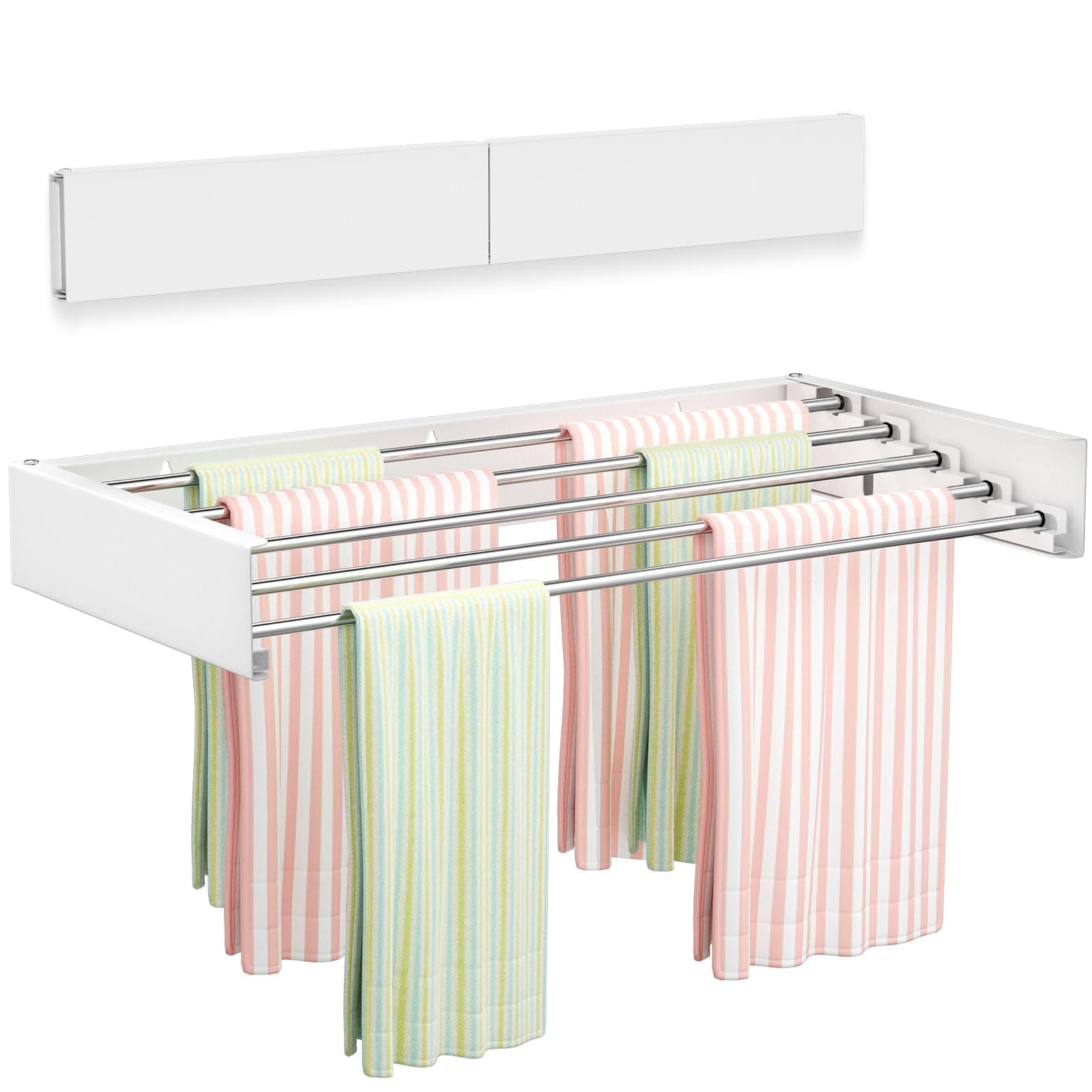 Wall Mounted Clothes Drying Rack 23.6", Foldable Wall Mount Laundry Rack Folding Indoor, Drying Rack Clothing Collapsible, Hidden Space Saver with Wall Template, 5 Rods, White