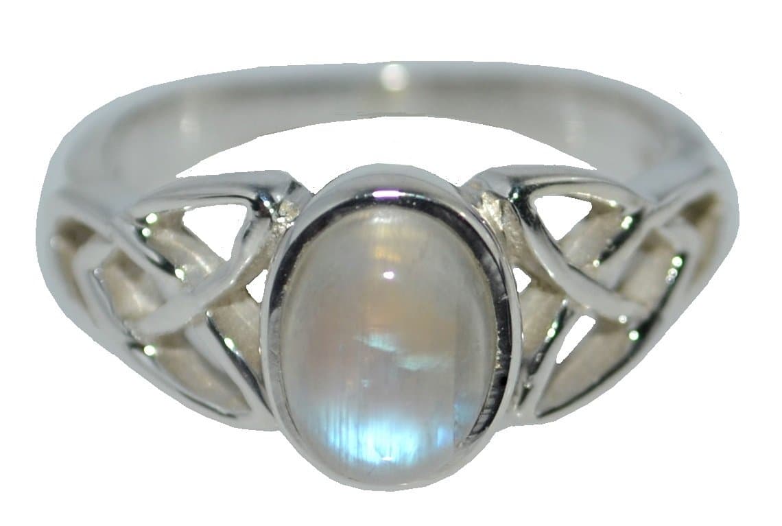 925 Sterling Silver Rainbow Moonstone Ring Celtic Trinity Design, Natural Gemstone Jewellery