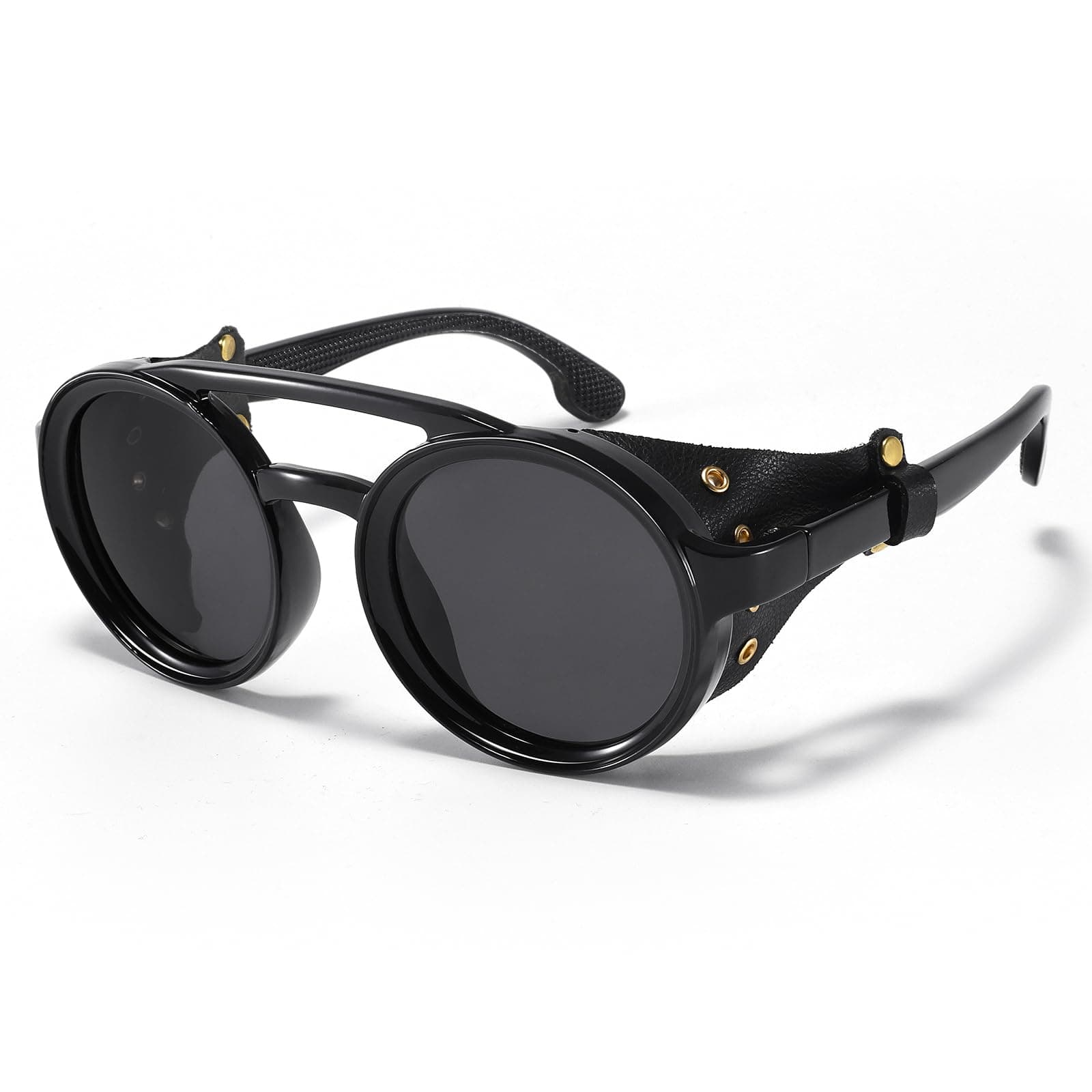 Polarized Round Steampunk Sunglasses with Leather Side Double Bridge Shield Retro Eyewear for Men Women