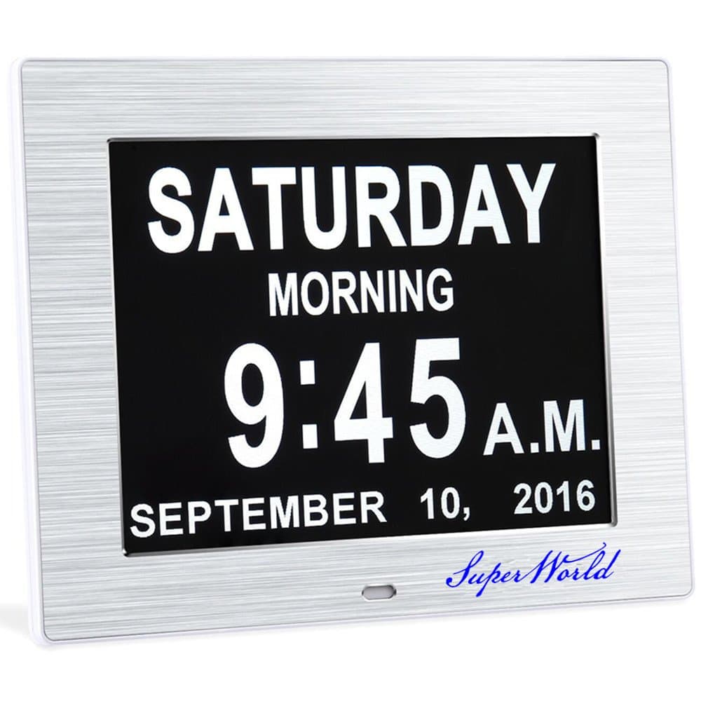 [Newest Version] Day Clock, 5 Alarm Options - 8" Digital Calendar Alarm Clock with Extra Large Non-Abbreviated Day & Month,Alzheimer's and Memory Loss Desk Clock - Perfect for Mom Dad And Seniors, Reminders To Take Medications (8inch, Silver)