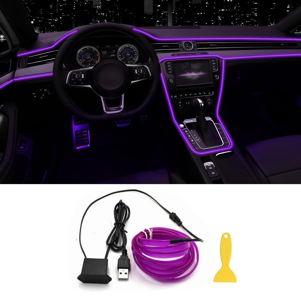 EL Wire Interior Car LED Strip Lights, 16.5FT USB Neon Glowing Strobing Electroluminescent Wire Strip with 6mm Sewing Edge, Ambient Lighting Kits for Car Indoor Decoration (Purple)