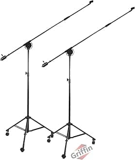 GRIFFIN Rolling Studio Mic Boom Stands with Wheels (Extended XHeight Edition) 2 Pack – 11FT Telescoping Arm, Tripod Base with Casters & Mic Holder for Overhead Recording