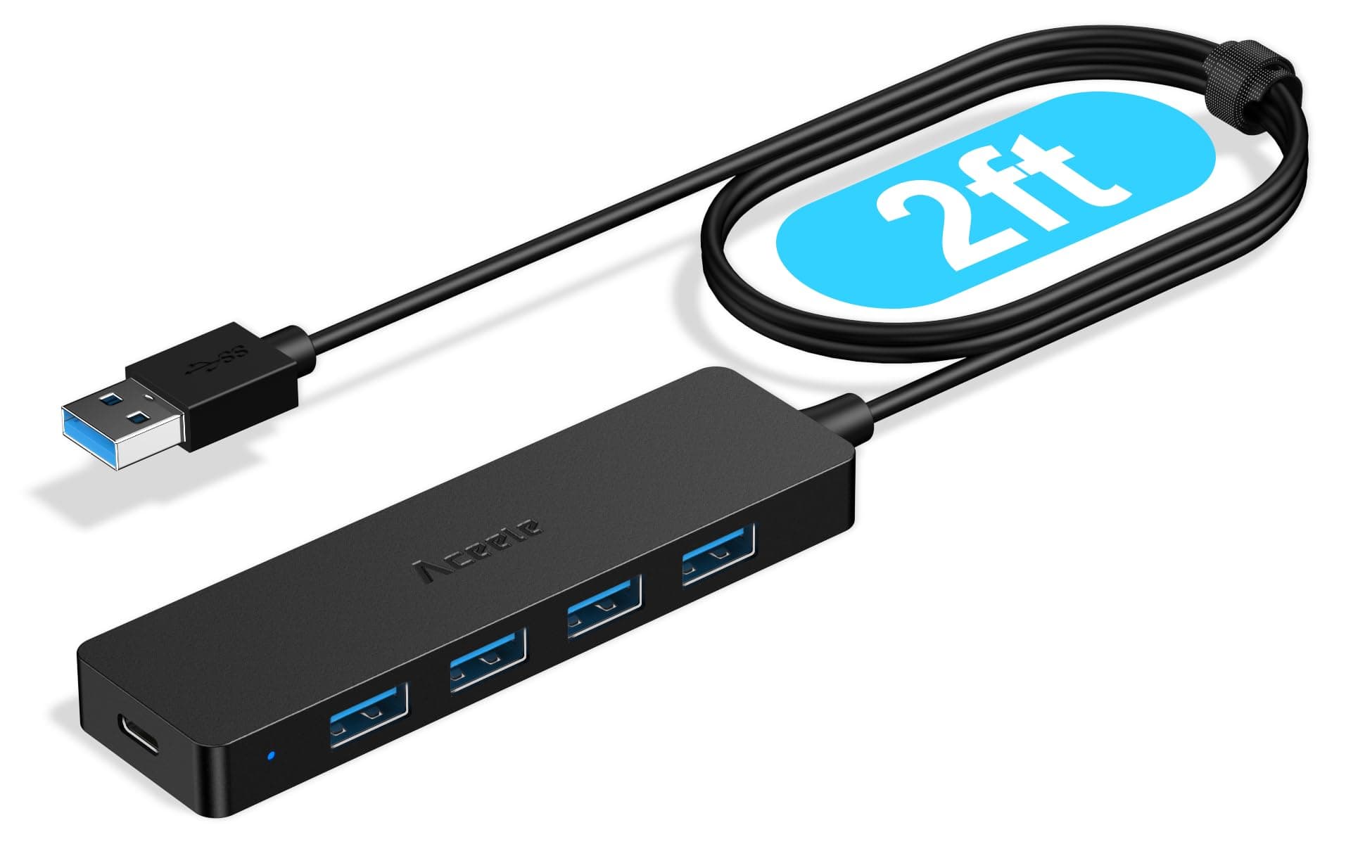 Aceele 4-Port USB 3.0 Hub, Ultra-Slim Data USB Hub with 2ft Extended Cable [Charging Not Supported], USB Extender for MacBook, Mac Pro, Mac mini, iMac, Surface Pro, XPS, PC, Flash Drive, Mobile HDD