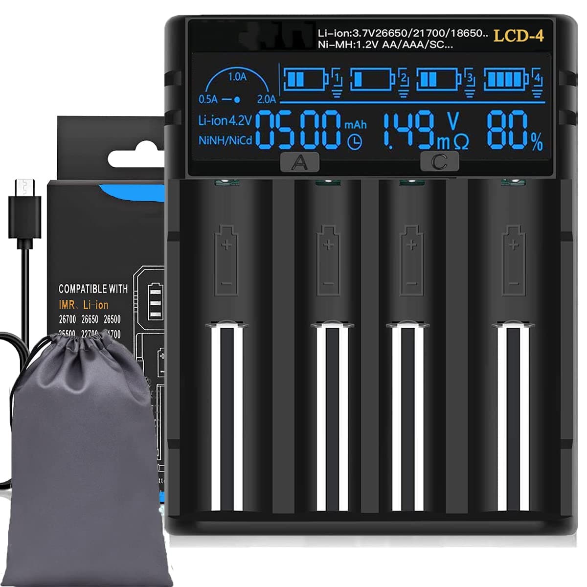 18650 Battery Charger, LCD Screen Can Display Capacity, 2A Fast Universal 18650 Charger, Suitable for 3.7v Lithium Battery and 1.2v Ni-Mh/Ni-Cd AA AAA Battery
