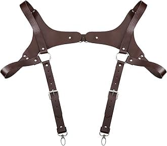 FEESHOW Vintage Medieval Leather Suspender H-Back Steampunk Suspenders with Adjustable Buckle for Men Party Cosplay Clubwear