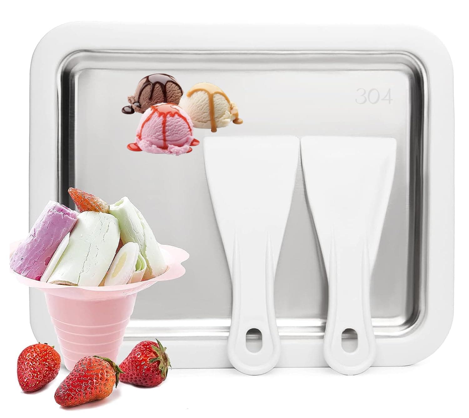 Ice Cream Roller Maker - Dessert at Home, Ice Plate Roller Anti-Griddle Pan With 2 Spatulas for Easy Homemade Rolled Ice Cream, Frozen Treat Maker (Big White)