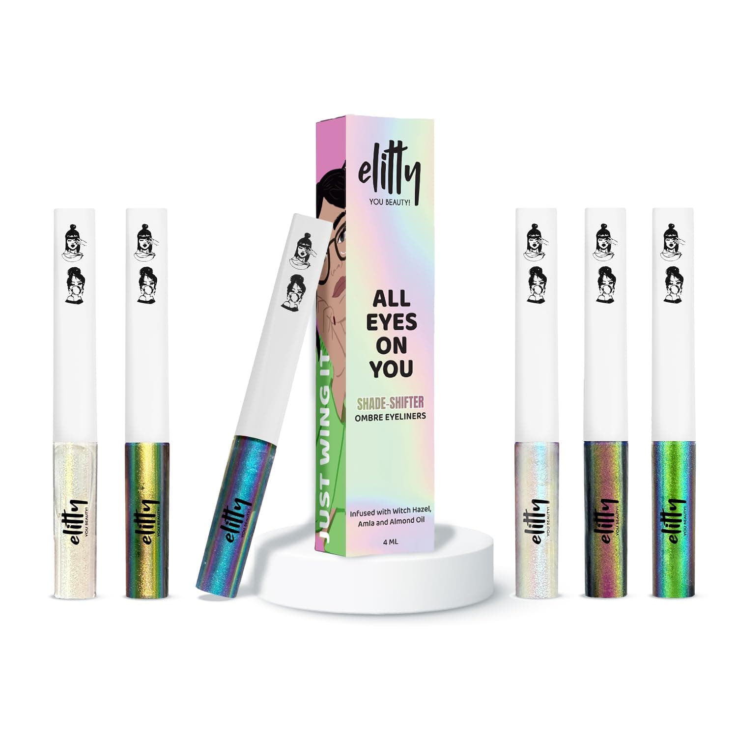 Elitty Glitz & Glow Ombre Waterproof Liquid Eyeliner Combo (Pack of 6) | Holographic Shades (All The Rizz, Jade Jive, Aurora, Celestial, Fairycore, Halo) | Lasts Upto 12 Hrs | 4 ML Each