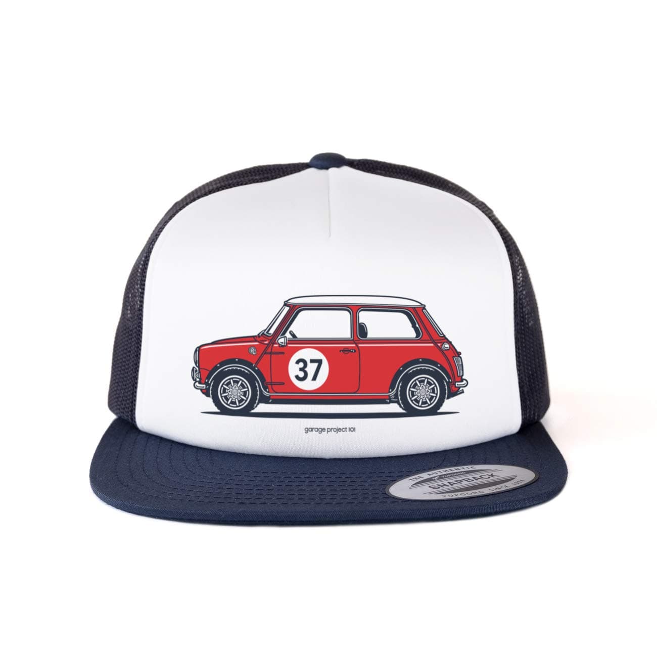 GarageProject101 Classic Cooper S Side Baseball Mesh Cap Snapback Trucker Hat White/Navy